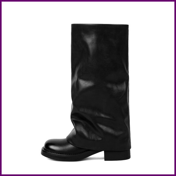 Shoes - Knee High Fold Over Boots Low Block Heel Slouchy Tall Zipper Square Toe